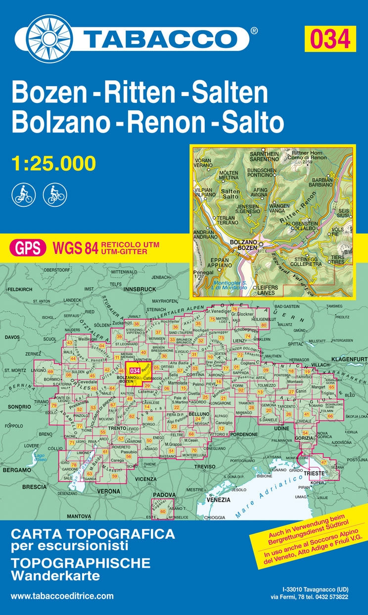 Wandelkaart Dolomiten Blad 034 - Bozen-Ritten-Salten / Bolzano-Renon-Salto (GPS)