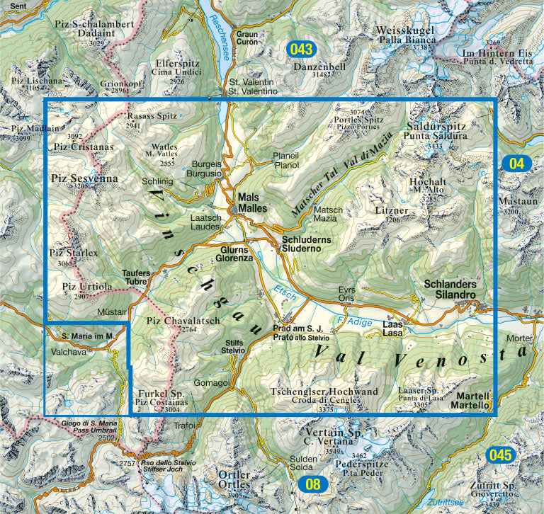 Wandelkaart Dolomiten Blad 044 Vinschgau-Mals-Sesvenna / Val Venosta-Malles