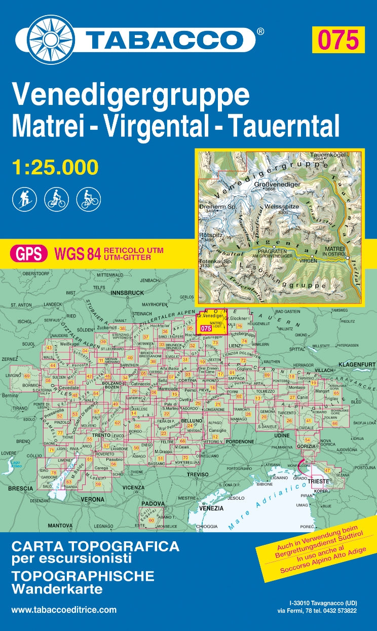 Wandel- fietskaart Venedigergruppe Matrei Virgental Tauerntal  Blad 075 / 1:25.000 (GPS)
