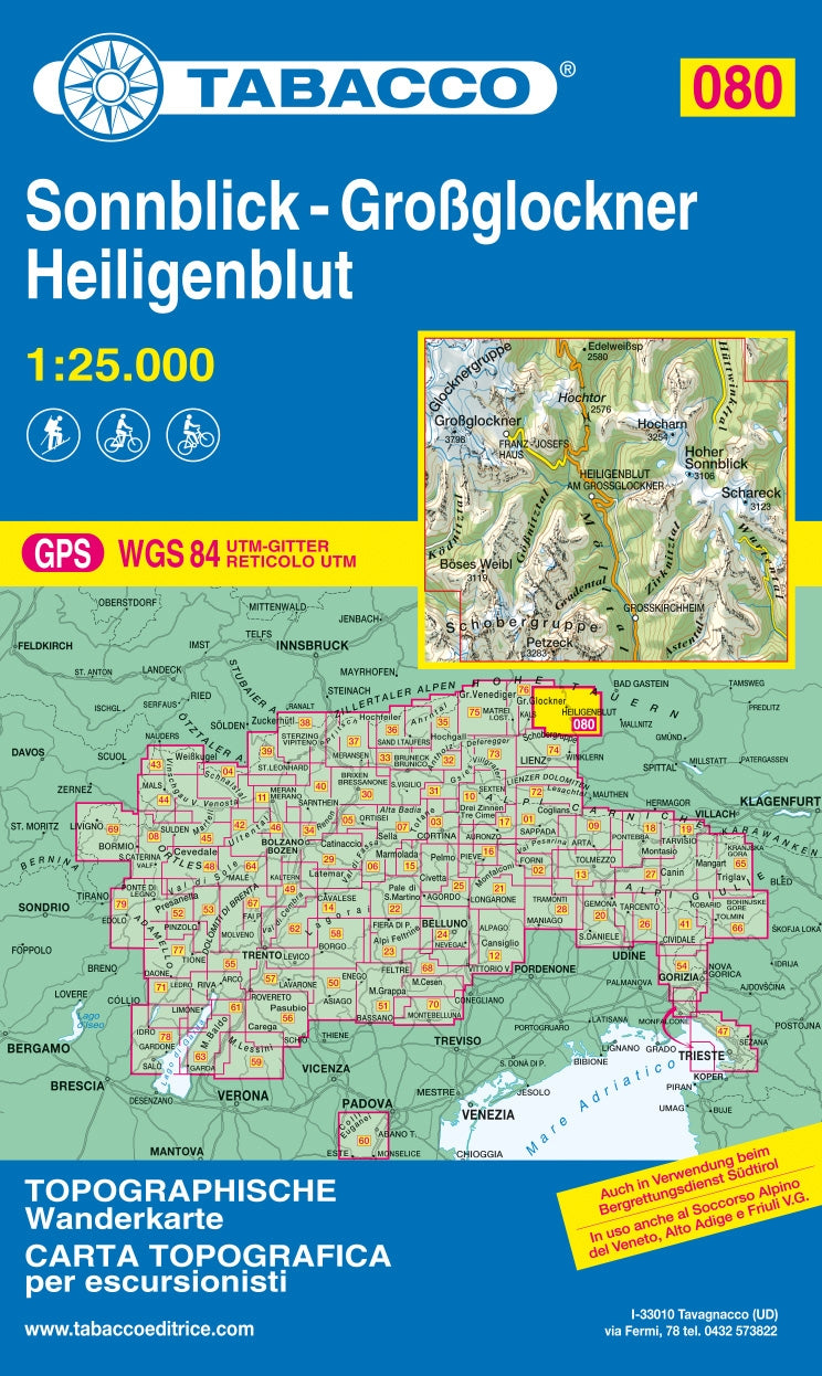 Hiking map Tabacco Blad 080 Sonnblick-Großglockner Heiligenblut (GPS)