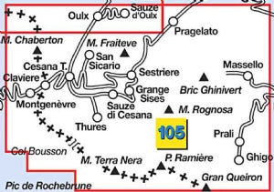 Wandelkaart Italiaanse Alpen Blad 105 - Sestriere Claviere Sansicario-Prali