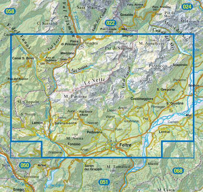 Wandelkaart Tabacco Alpi Feltrine Le Vètte - Cimònega (023)